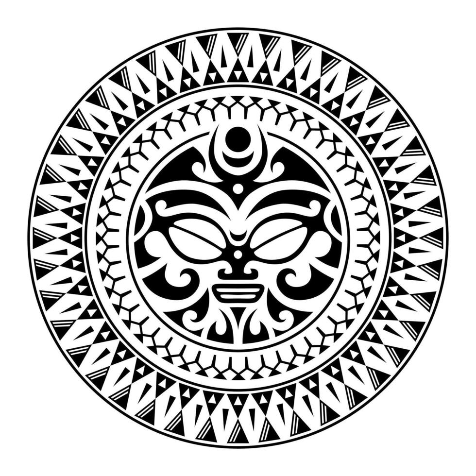 rund tatuering prydnad med solen ansikte maori stil. afrikansk, aztekisk eller maya etnisk mask. vektor