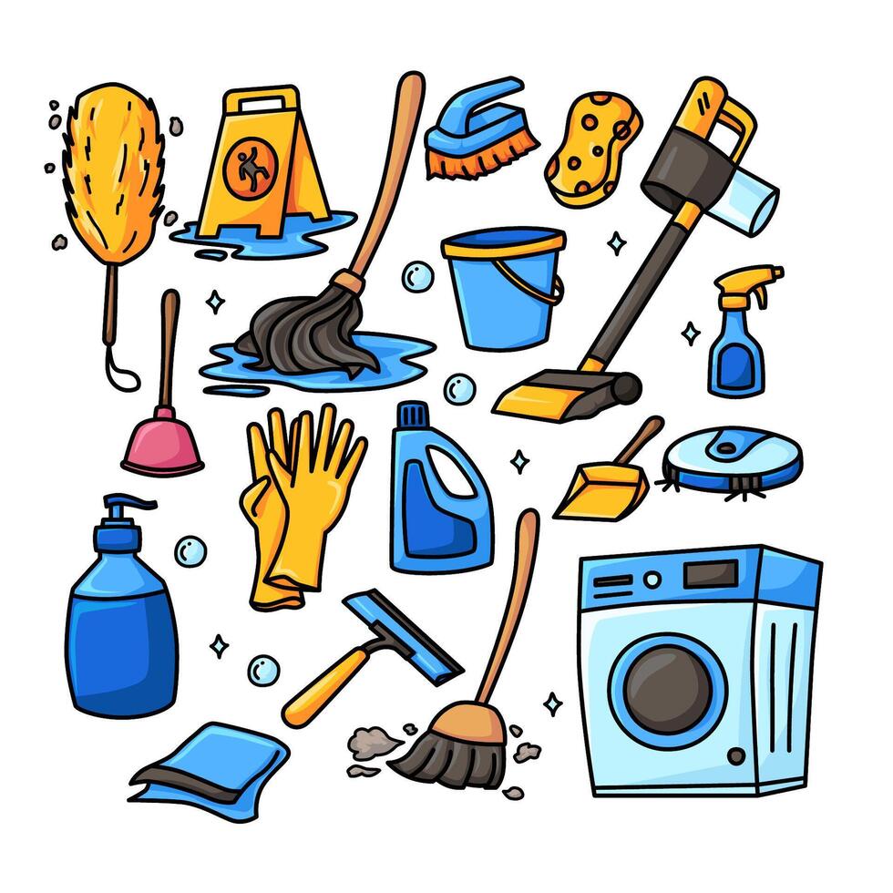 Hem rengöring hygien hushåll arbete detaljerad klotter fylld linje Färg uppsättning illustration vektor