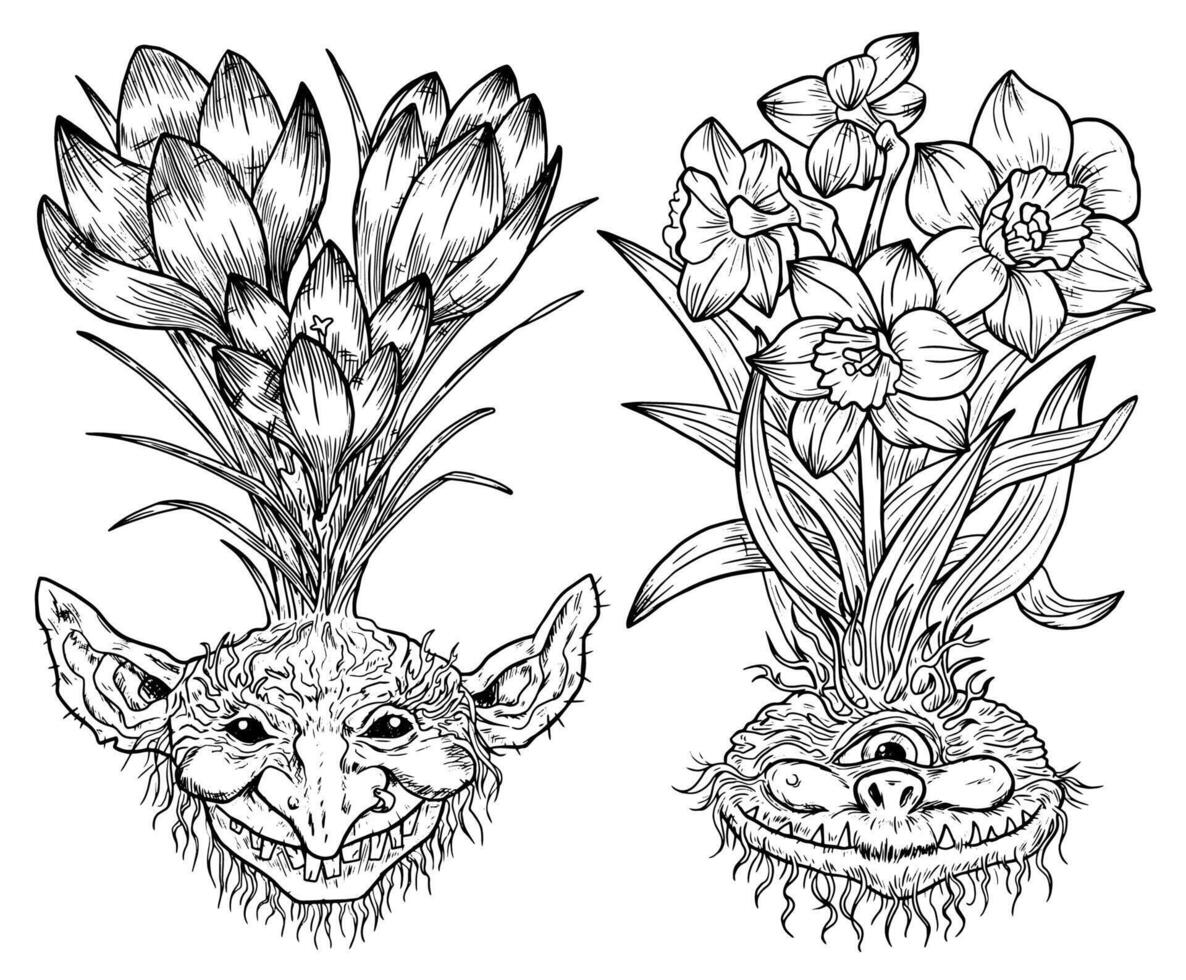 hand dragen graverat vektor uppsättning med rolig demon eller gnome ansikten som rötter av skön vår blommor av krokus och narciss isolerat på vit, trädgård fantasi linje konst illustration