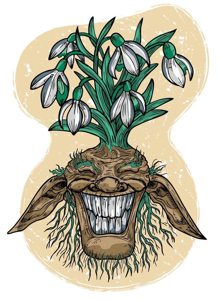 hand dragen färgrik vektor illustration med graverat rolig demon eller gnome ansikte som rot av skön vår blomma av galanthus isolerat på vit, trädgård fantasi begrepp