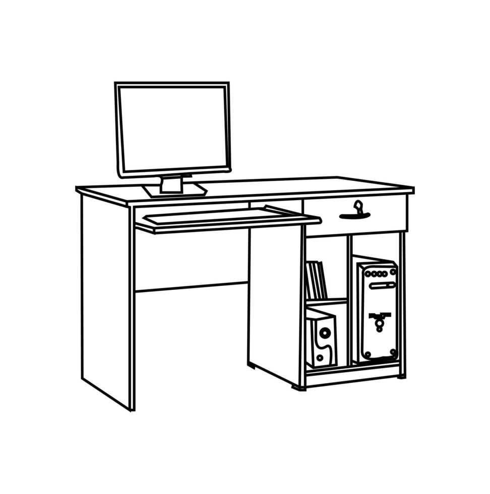 Geschäft Büro Schreibtisch Linie Kunst Vektor Illustration. Illustration von öffnen Raum Innere. modern Büro.