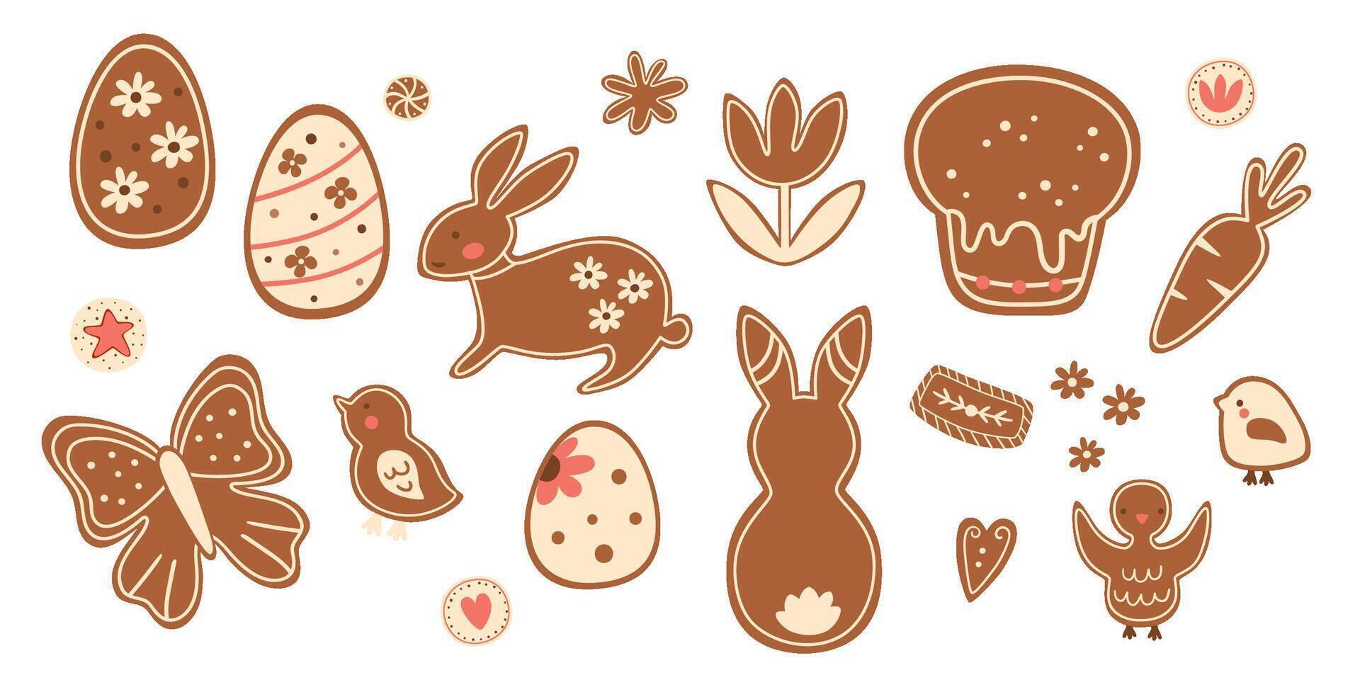 Ostern Lebkuchen Kekse Satz. Hase Hase, Blume, Ostern Eier, Ostern Kuchen, Vögel. Vektor Frühling Essen Illustration, lecker Bäckerei Elemente zum Urlaub Dekor. Hand gezeichnet süß Kekse, Nachspeisen