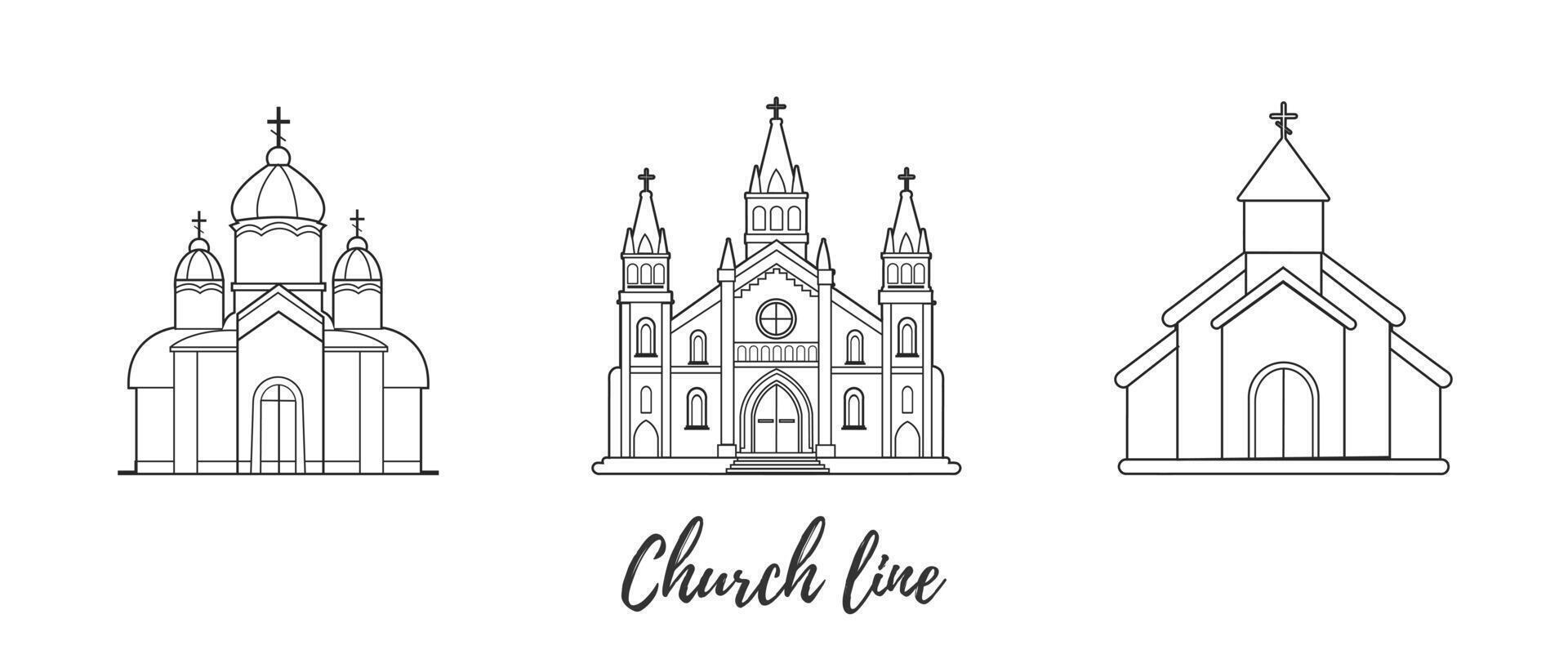 orthodox und katholisch Kirchen Illustrationen. Vektor Linie Abbildungen auf ein Weiß Hintergrund.