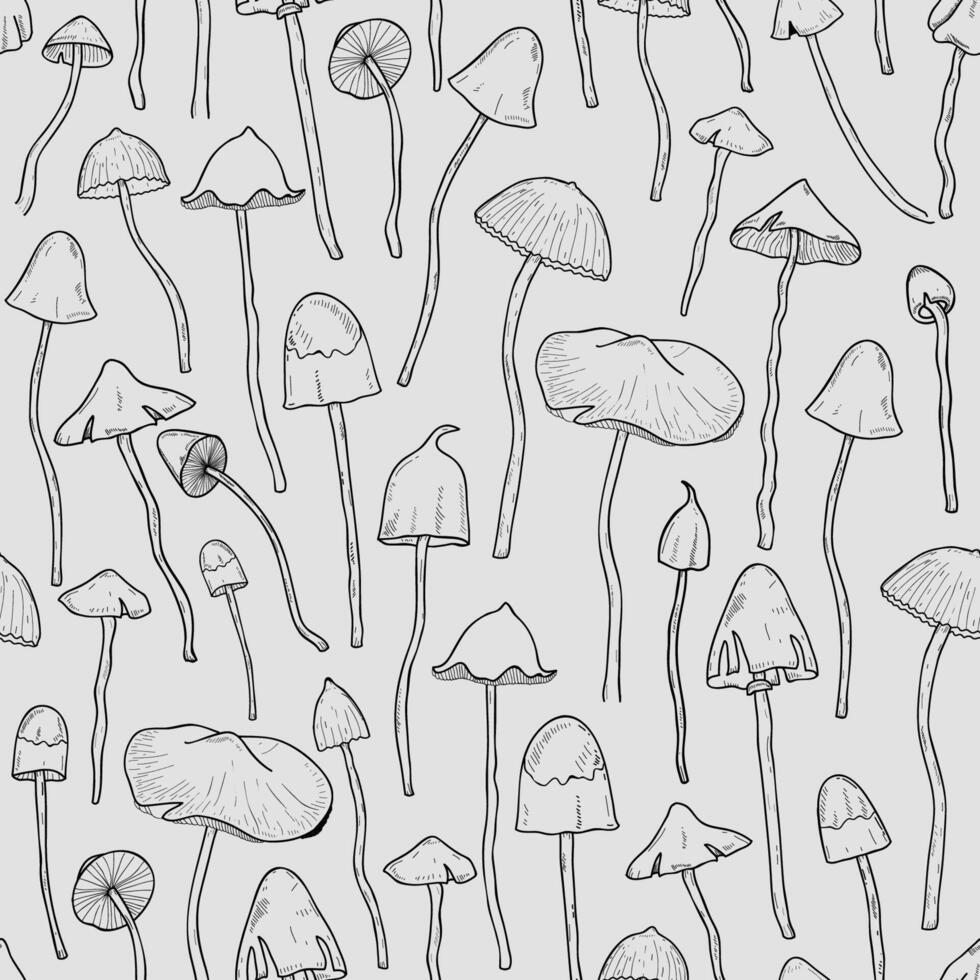 nahtlos Muster mit Psilocybin oder halluzinogen Magie Pilze Hand gezeichnet mit Kontur Linien auf grau Hintergrund. modern Vektor Illustration im einfarbig Farben zum Textil- drucken, Hintergrund.