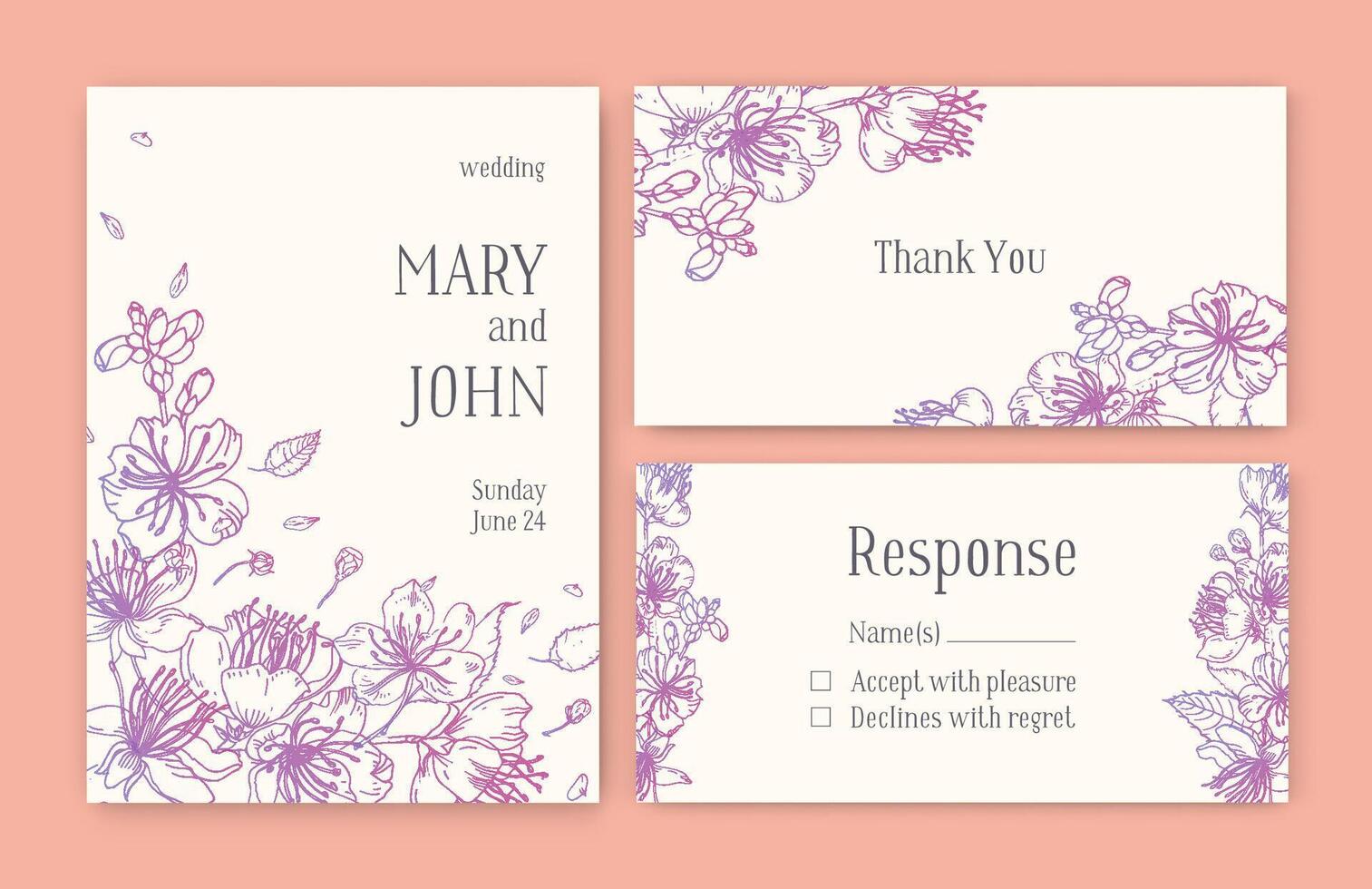 uppsättning av underbar mallar för spara de datum kort, bröllop inbjudan eller tacka du notera med japansk sakura blommor hand dragen med rosa kontur rader på ljus bakgrund. blommig vektor illustration.