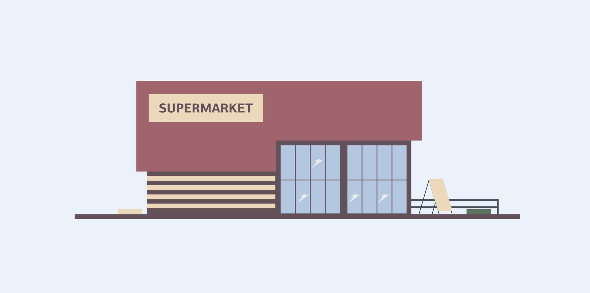 Gebäude von Supermarkt, Lebensmittelgeschäft Geschäft oder Essen Markt mit groß Fenster gebaut im modern architektonisch Stil. Einkaufen Center, kommerziell Eigentum oder echt Anwesen. bunt eben Vektor Illustration.