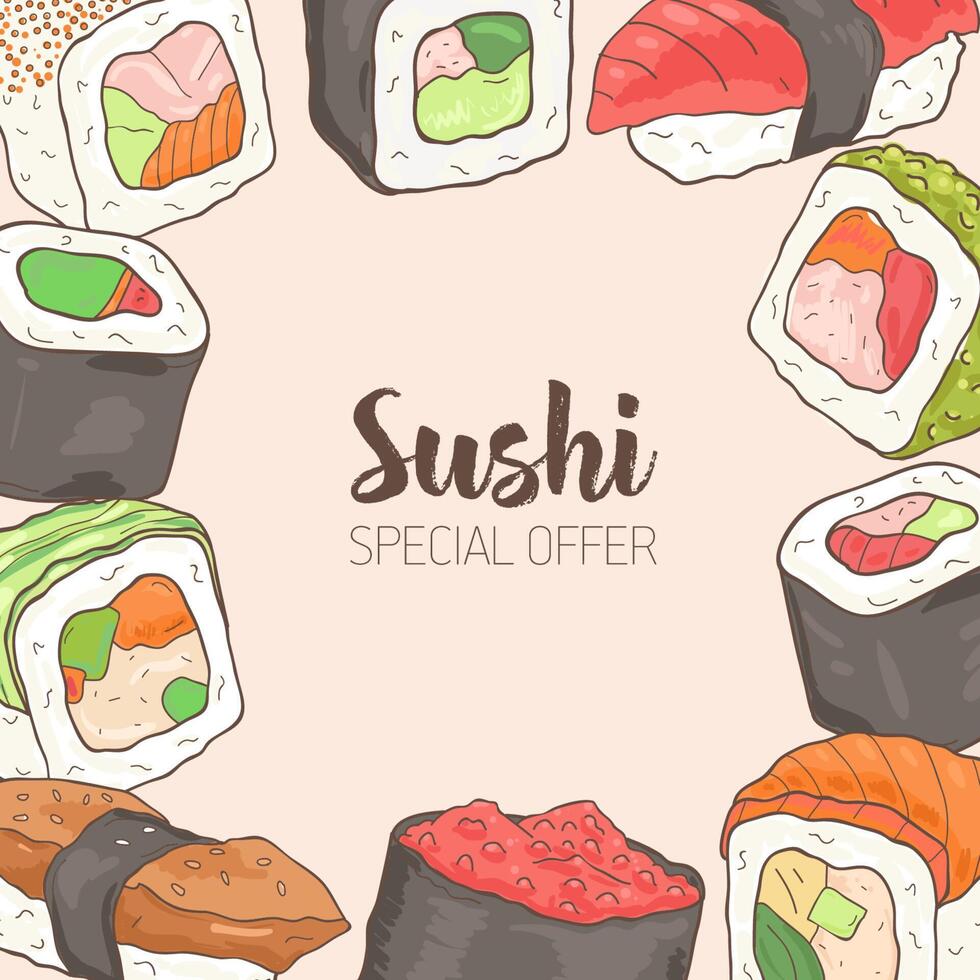 fyrkant bakgrund med ram bestod av annorlunda typer av japansk sushi och rullar hand ritade. särskild erbjudande. vektor färgad illustration för asiatisk restaurang annons.