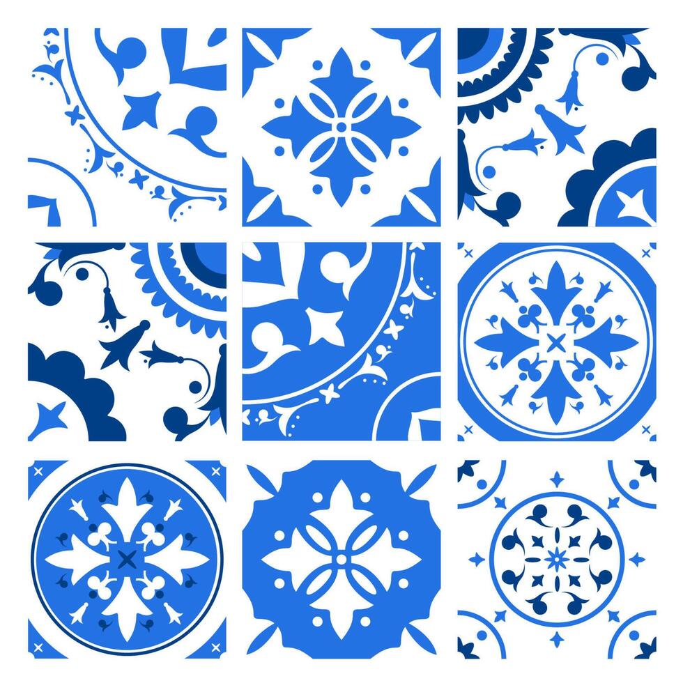 samling av keramisk plattor med annorlunda traditionell orientalisk mönster och antik dekorativ ornament i blå och vit färger. vektor illustration i årgång azulejo eller victorian stil.