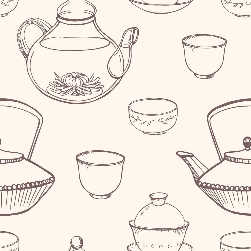 Herrlich nahtlos Muster mit traditionell asiatisch Tee Zeremonie Werkzeuge Hand gezeichnet im einfarbig Farben mit Kontur Linien - - Teekanne, Tassen oder Schalen, Wasserkocher. Vektor Illustration zum Stoff drucken, Hintergrund.