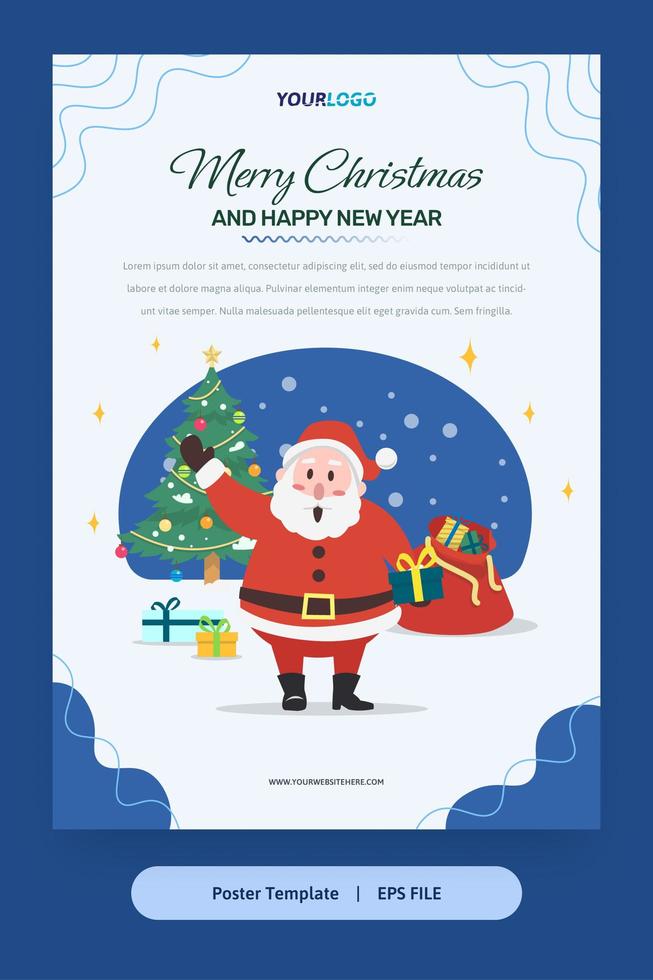 platt illustration, affischmall med jultomten, julgran och presenter vektor