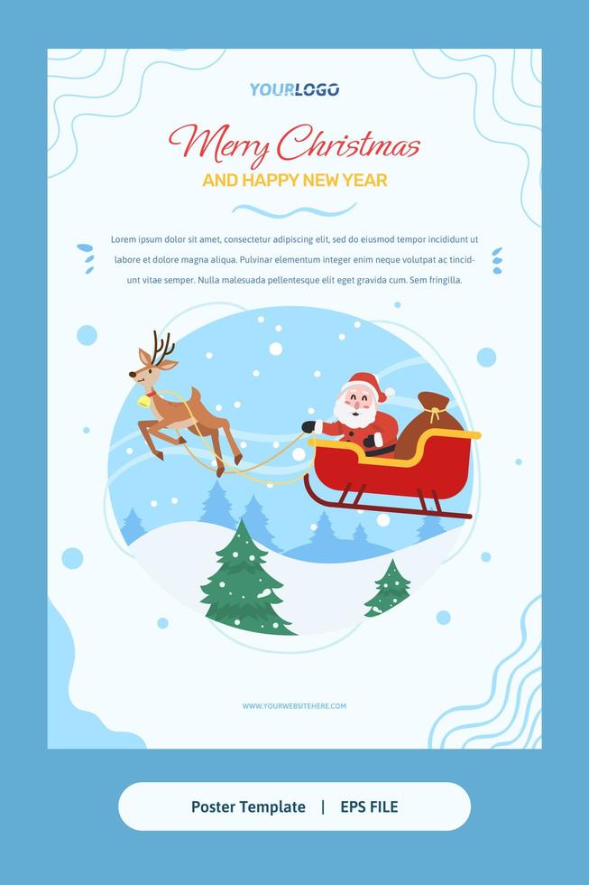 flache Illustration, Plakatvorlage mit Weihnachtsmann, Rentieren und Geschenken vektor
