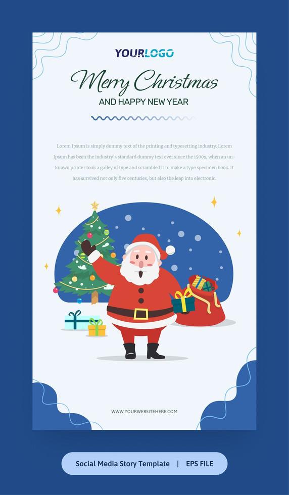 flache illustration, geschichtenschablone mit weihnachtsmann, weihnachtsbaum und geschenken vektor