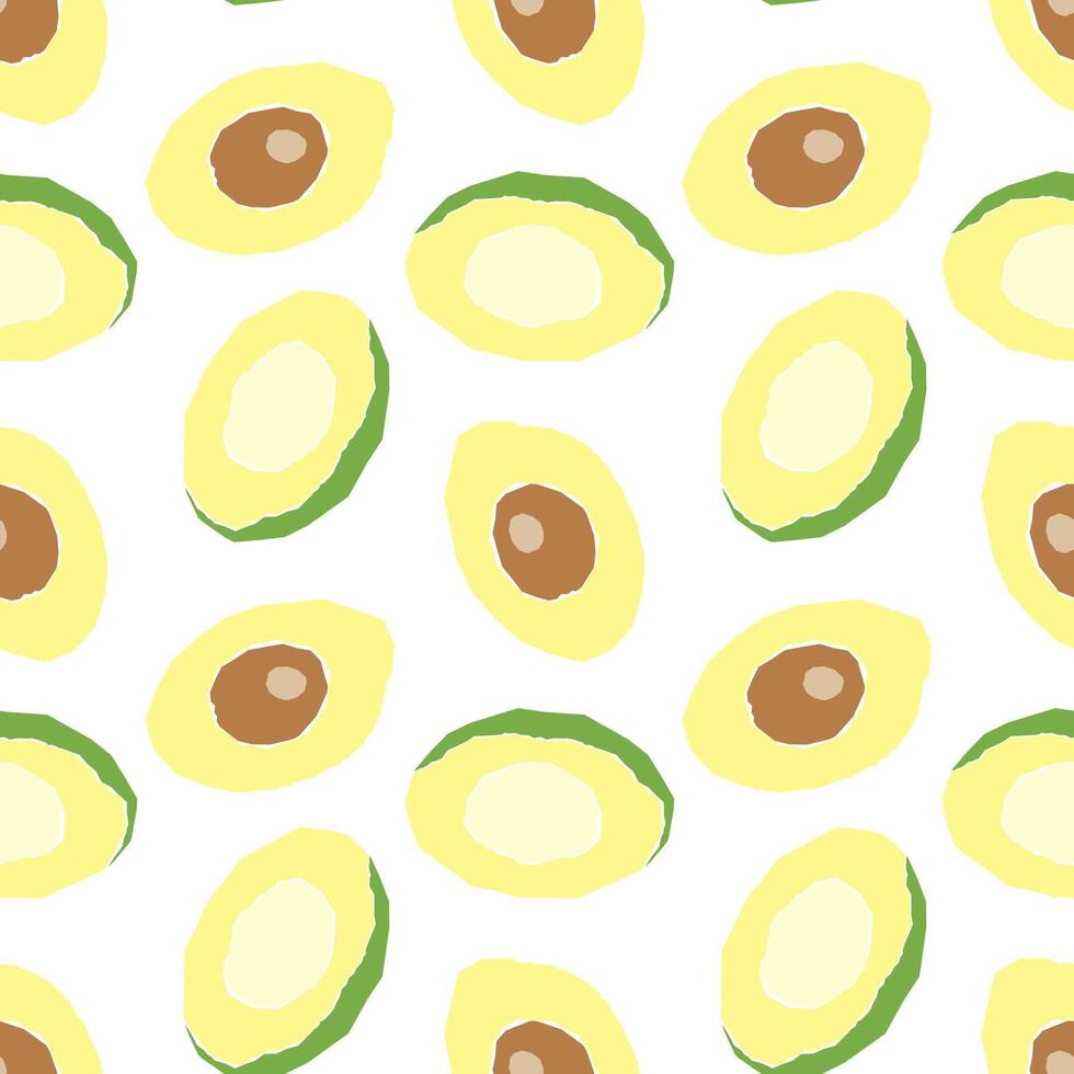 Avocado Muster, handgemalt, stilisiert Hälfte von das Obst mit Nuss innen, auf Weiß Hintergrund. vektor