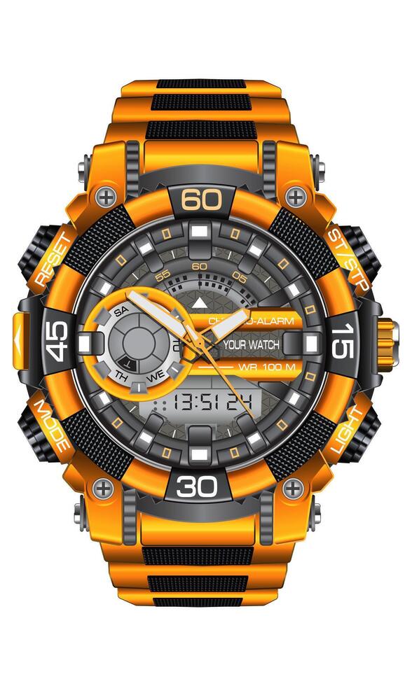 realistisch Gelb grau Uhr Uhr Chronograph Sport modern zum Männer auf Weiß Hintergrund Vektor