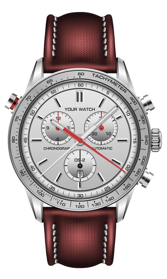 realistisch Uhr Uhr Silber Gesicht rot Pfeil schwarz Nummer mit Stoff Gurt auf isoliert Design klassisch Luxus Mode zum Männer Vektor