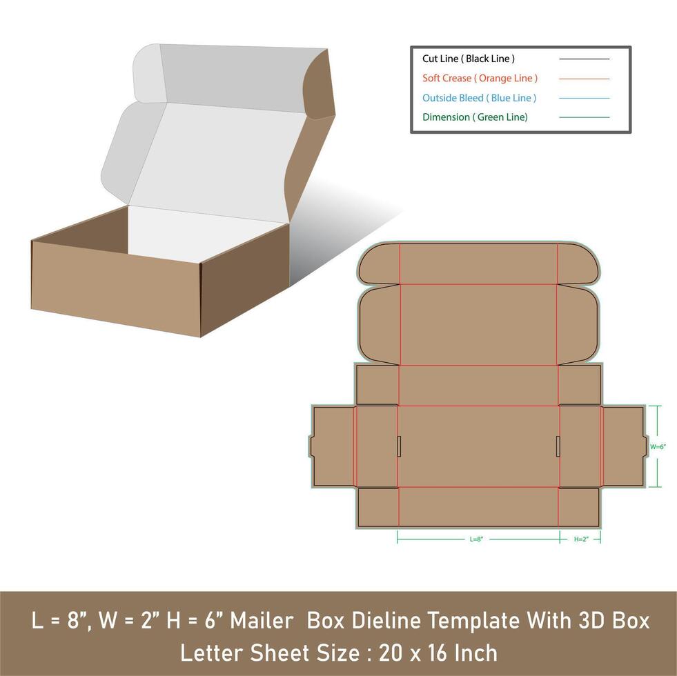 Mailer Box Größe 8x2x6 Zoll Dieline Vorlage, Vektor Design