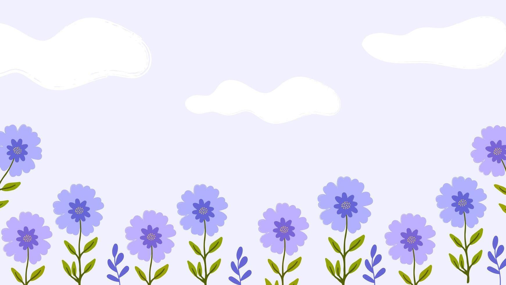 botanisch kindisch Zeichnen horizontal Banner mit Blau Blumen, Himmel vektor