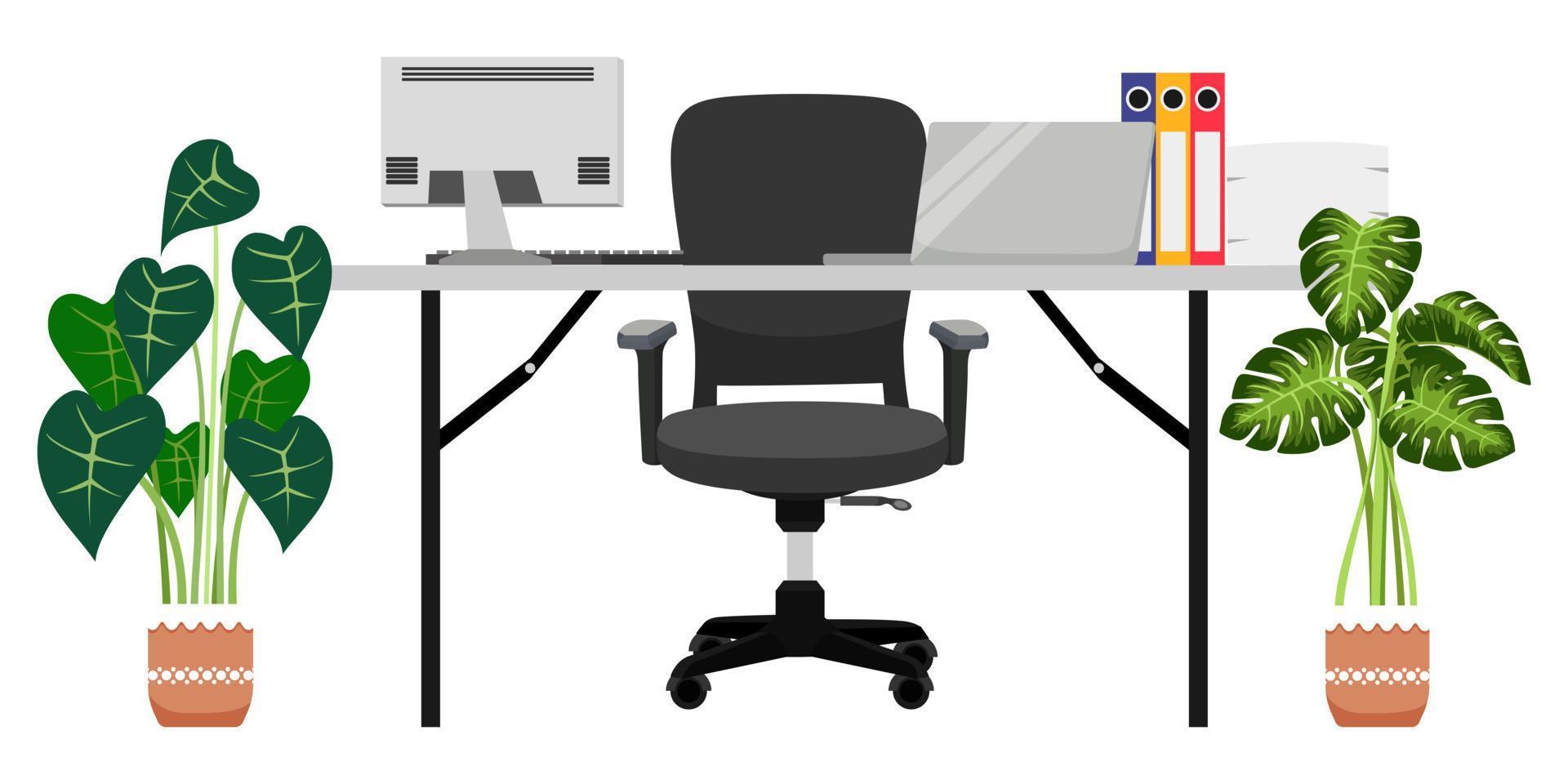 moderner Schreibtisch für Freelancer-Home-Office mit Stuhltisch PC-Computer-Laptop mit einigen Papierstapel-Dateiordnern Zimmerpflanzen vektor