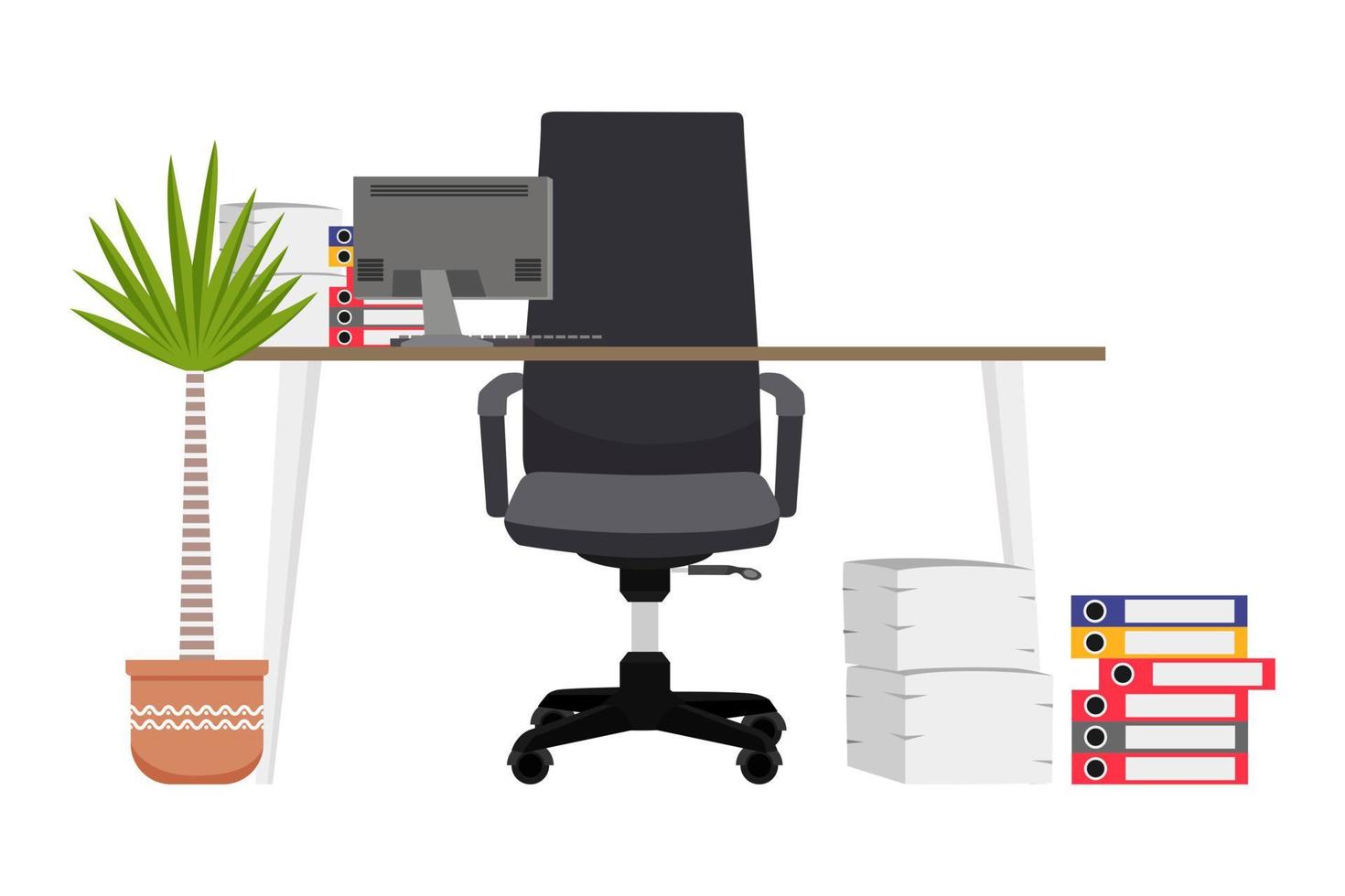 moderner Schreibtisch für Freiberufler-Home-Office mit modernem Stuhl und Tisch mit PC-Laptop-Computer einige Papierstapelordner mit Zimmerpflanze vektor