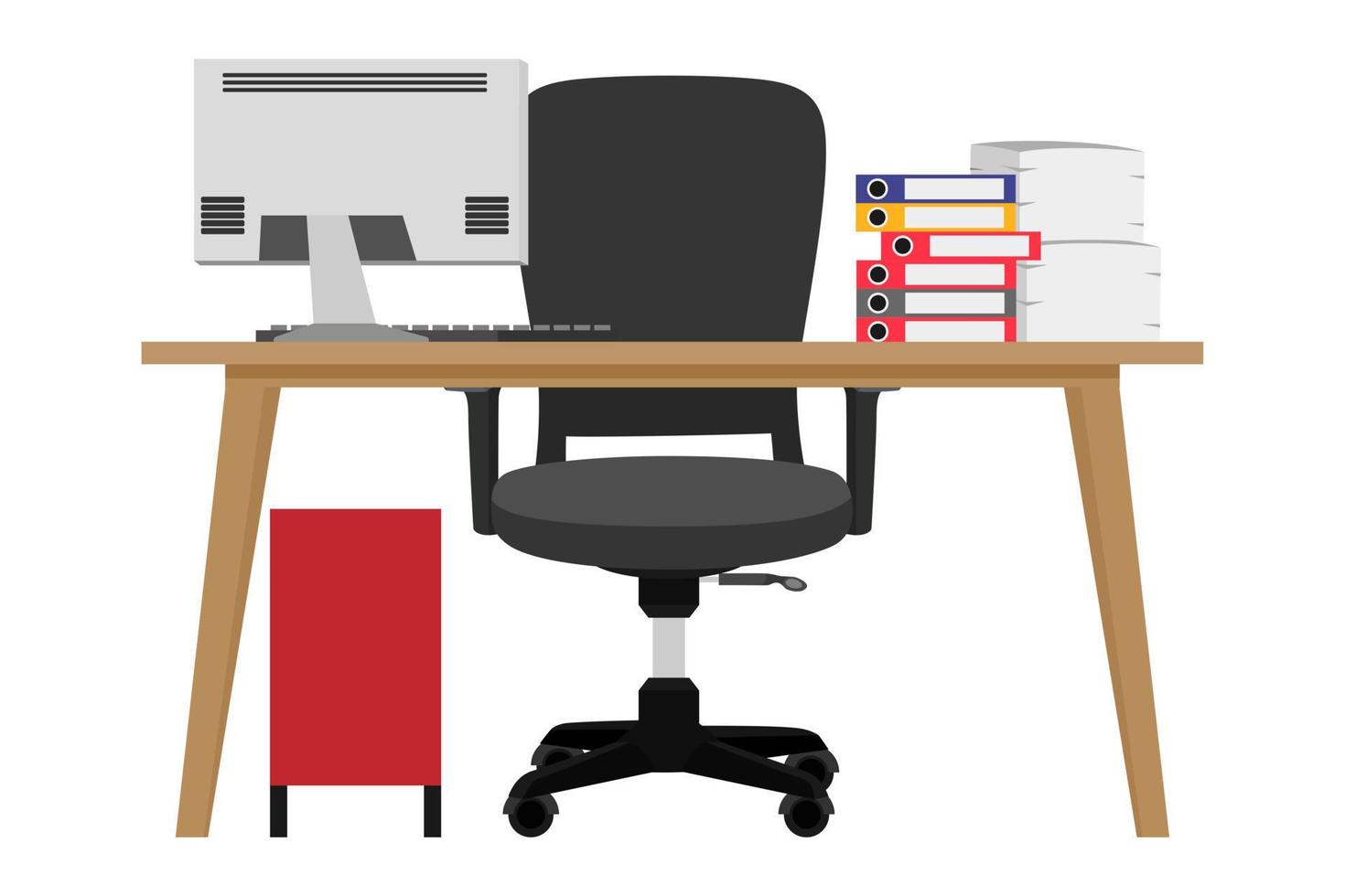 flacher moderner Schreibtisch für Home-Office-Freiberufler mit Stuhl-Tisch-Schrank-Schublade-PC-Computer mit einigen Papierstapel-Dateiordnern vektor