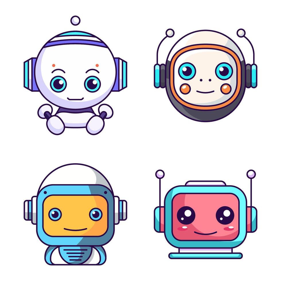 trevlig robot bistånd platt illustrationer samling. perfekt för annorlunda kort, textil, webb webbplatser, appar vektor