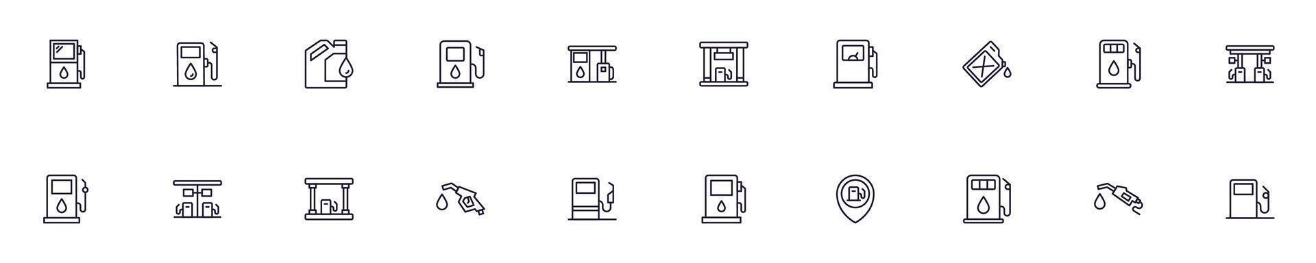 gas station vektor symboler dragen med svart tunn linje. redigerbar stroke. enkel linjär illustration den där kan vara Begagnade som en design element för appar och webbplatser