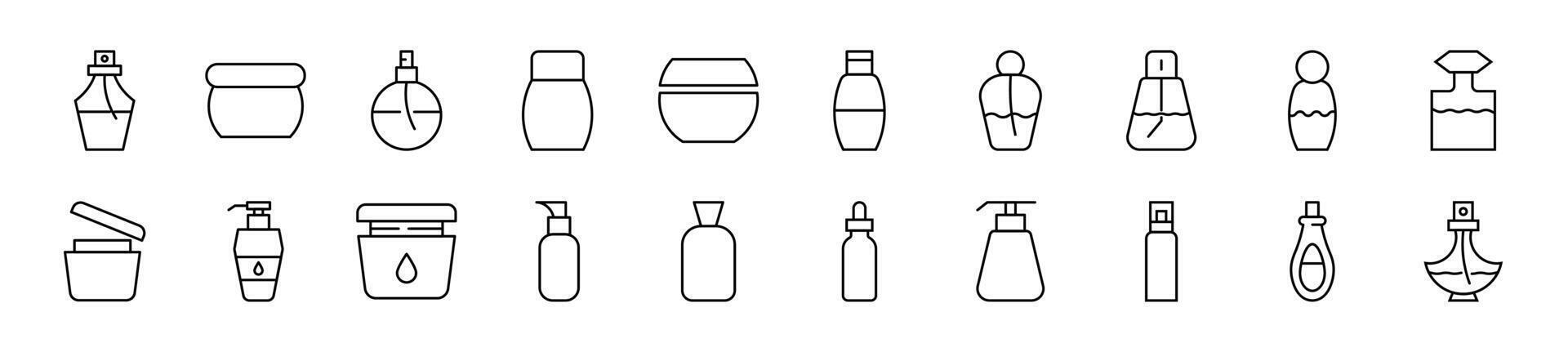 Sammlung von Gliederung Symbol von kosmetisch Flaschen. editierbar Schlaganfall. einfach linear Illustration zum Shops, Geschäfte, Banner, Design vektor