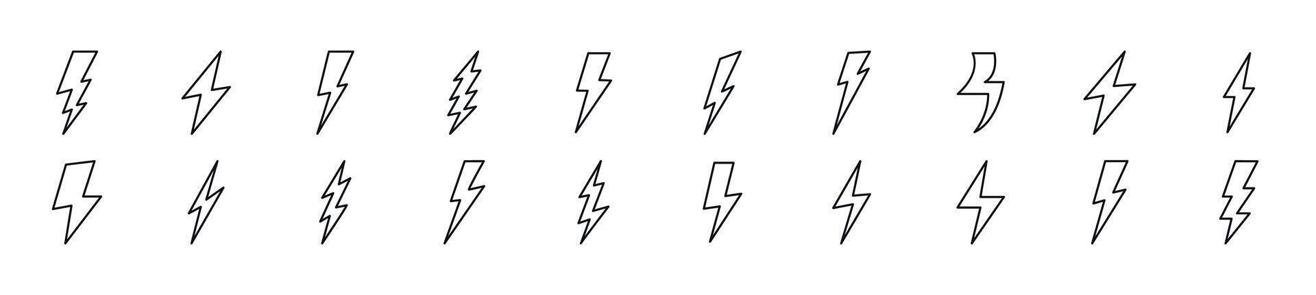 Sammlung von dünn Linie Symbole von Blitz. editierbar Schlaganfall. einfach linear Illustration zum Netz Websites, Zeitungen, Artikel Buch vektor