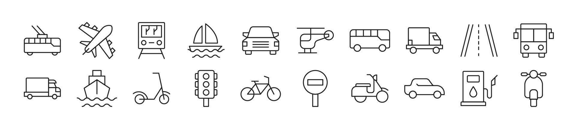 Sammlung von dünn Linie Symbole von Transport. editierbar Schlaganfall. einfach linear Illustration zum Netz Websites, Zeitungen, Artikel Buch vektor