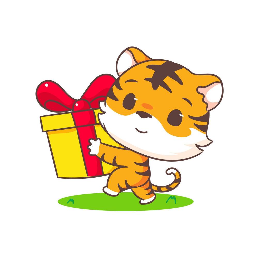 süß wenig Tiger mit Geschenk Box Karikatur Charakter. bezaubernd Tier Konzept Design. Vektor Kunst Illustration