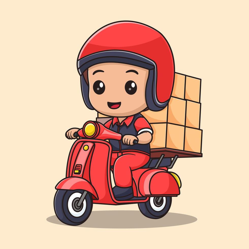 süß männlich Kurier Lieferung Paket mit Motorrad Karikatur Vektor Symbol Illustration. Menschen Job