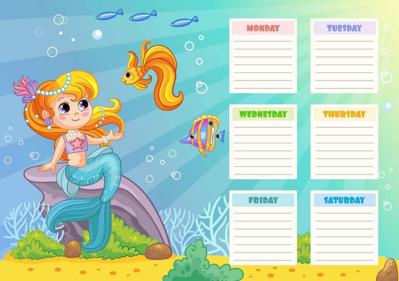Kinder Schule Zeitplan wöchentlich Planer mit Meerjungfrau Vektor