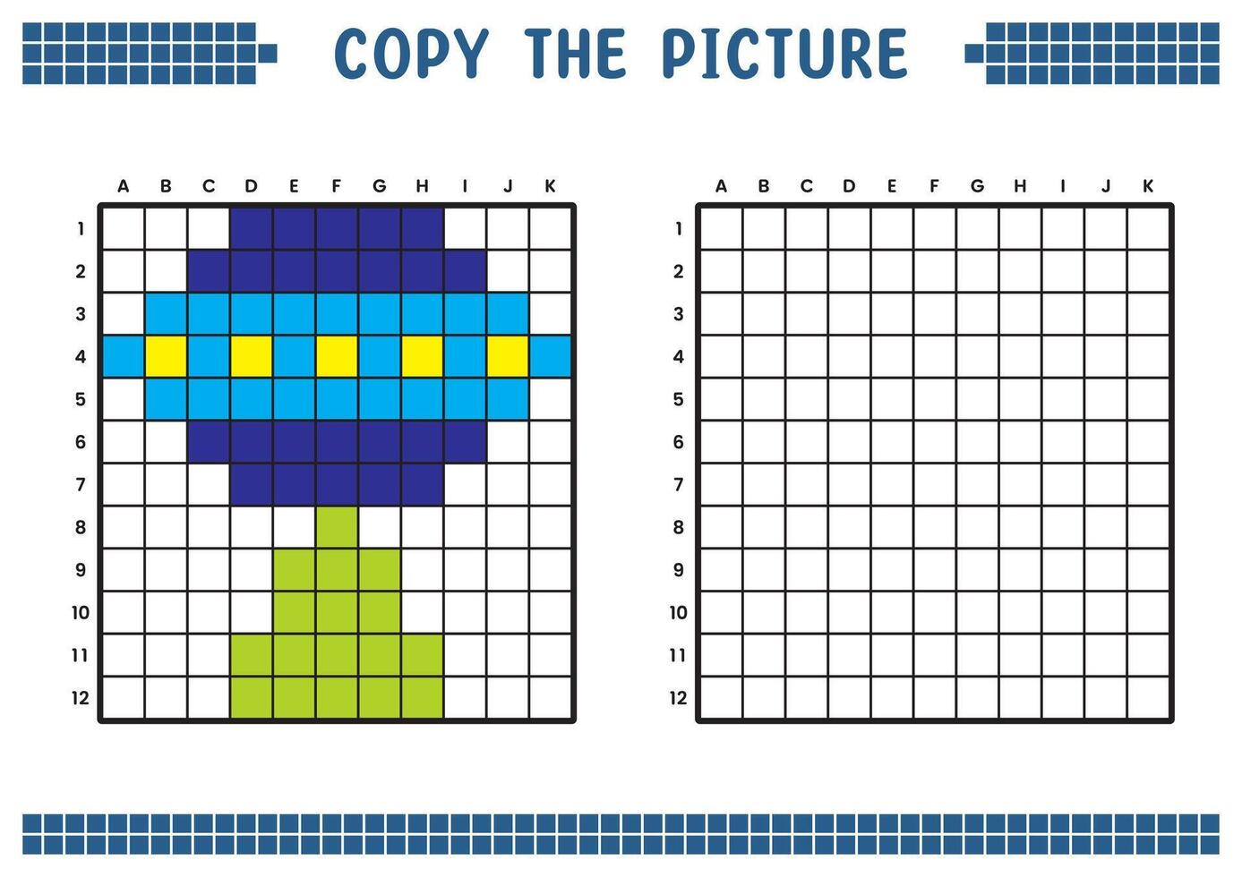 Kopieren das Bild, Komplett das Gitter Bild. lehrreich Arbeitsblätter Zeichnung mit Quadrate, Färbung Zelle Bereiche. Kinder- Vorschule Aktivitäten. Karikatur Vektor, Pixel Kunst. UFO Flugzeug Illustration. vektor