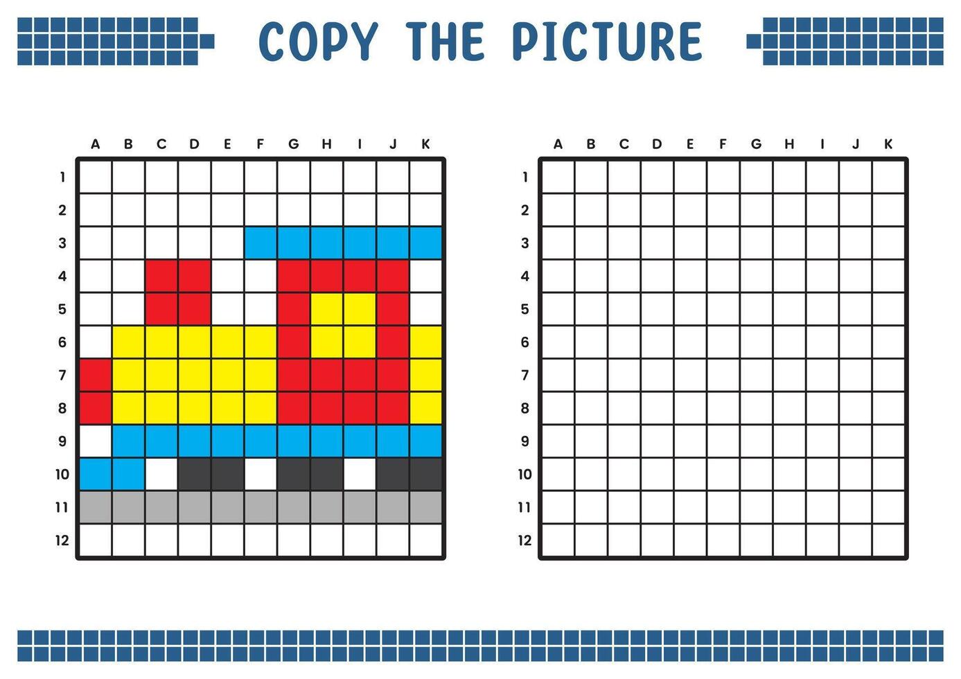 kopia de bild, komplett de rutnät bild. pedagogisk kalkylblad teckning med rutor, färg cell områden. barns förskola aktiviteter. tecknad serie vektor, pixel konst. tåg lokomotiv illustration. vektor