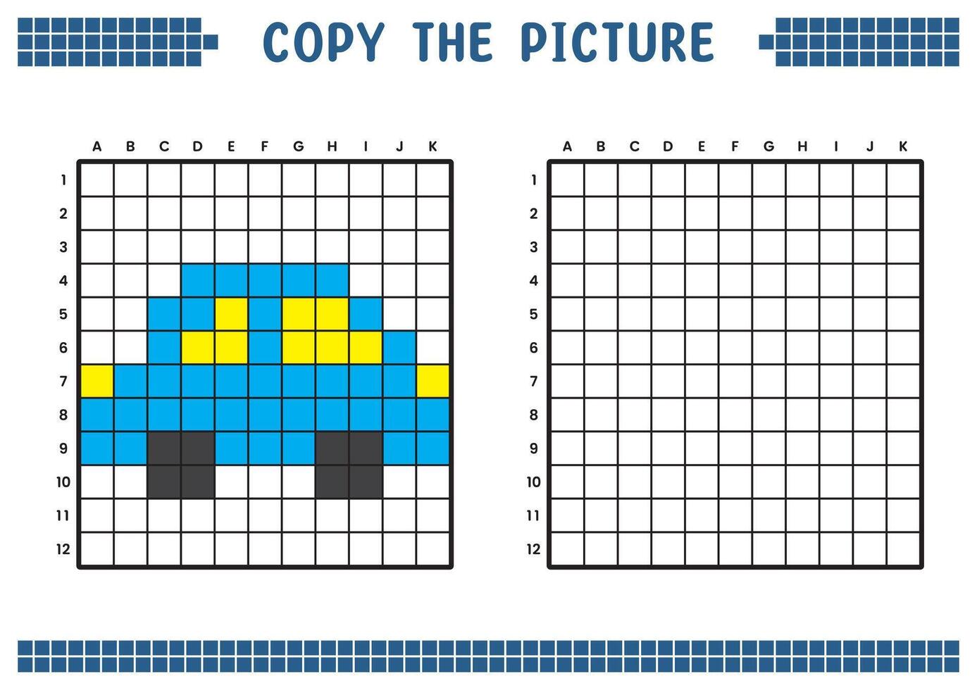 kopia de bild, komplett de rutnät bild. pedagogisk kalkylblad teckning med rutor, färg cell områden. barns förskola aktiviteter. tecknad serie vektor, pixel konst. mini bil illustration. vektor