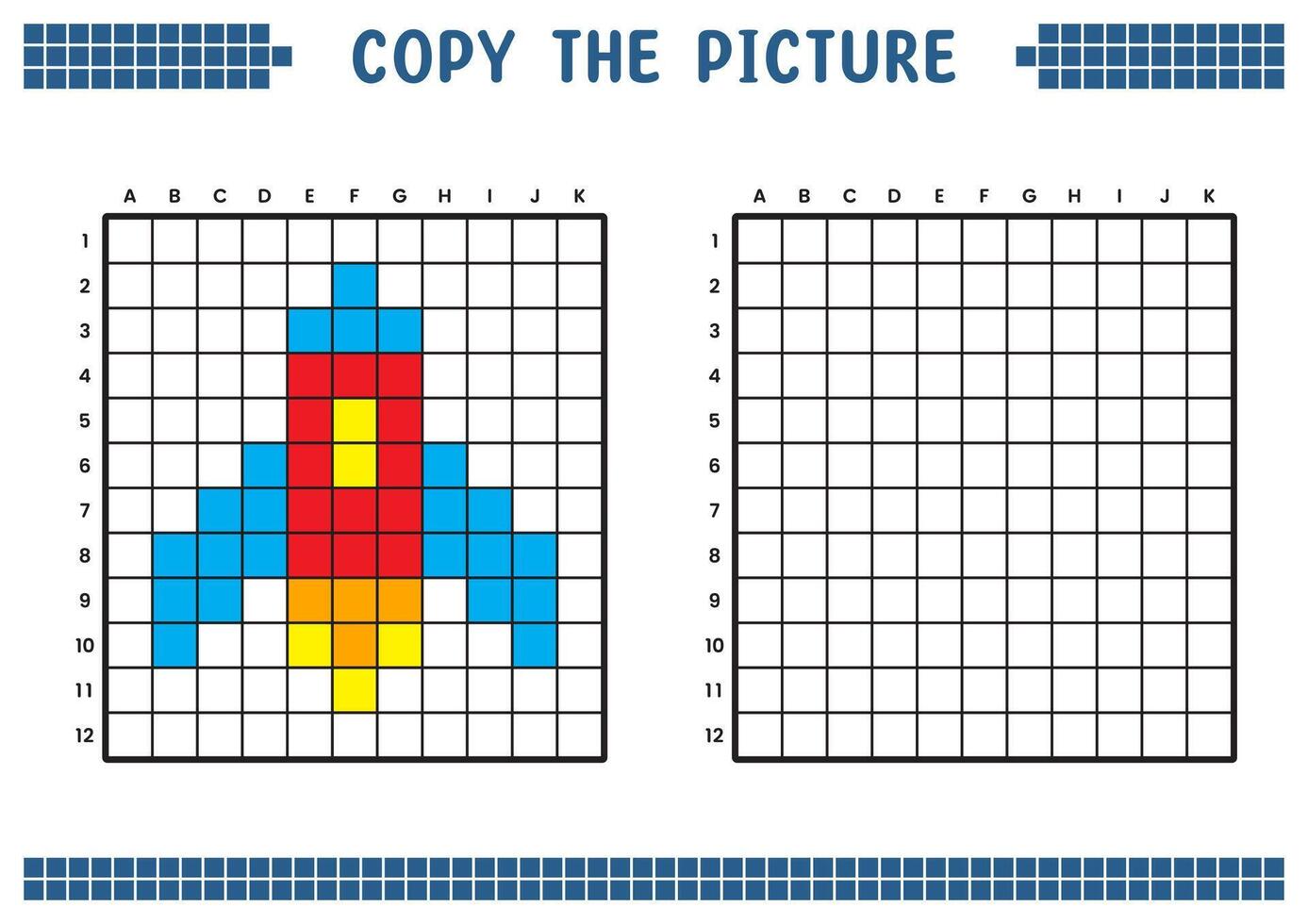 Kopieren das Bild, Komplett das Gitter Bild. lehrreich Arbeitsblätter Zeichnung mit Quadrate, Färbung Zelle Bereiche. Kinder- Vorschule Aktivitäten. Karikatur Vektor, Pixel Kunst. Raum Rakete Illustration. vektor