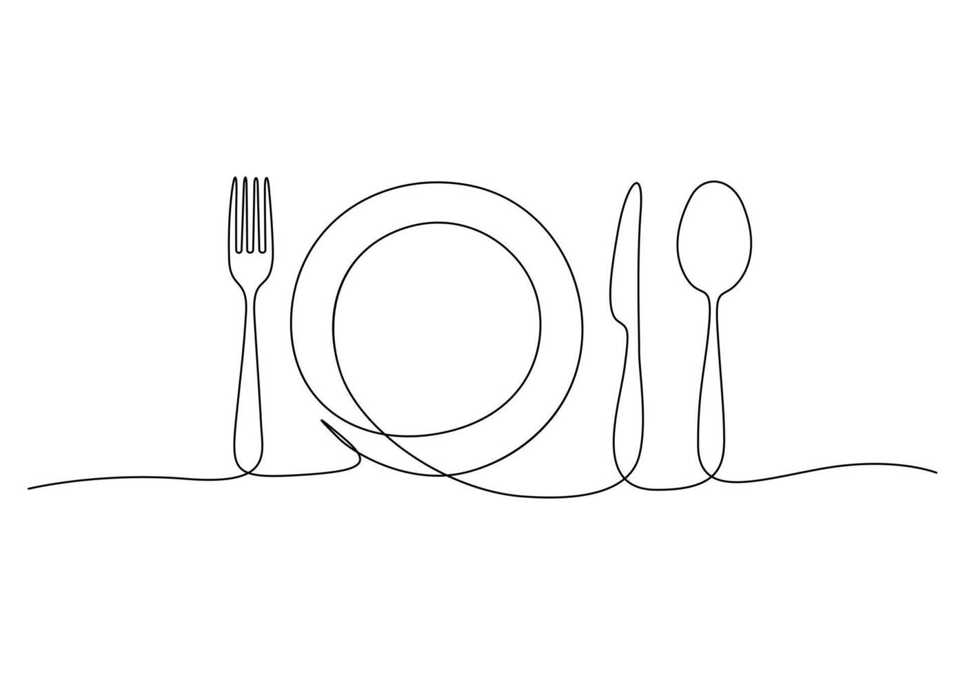 kontinuierlich einer Linie Zeichnung von Messer, Gabel und Teller Dekoration zum Cafe oder Küche Restaurant oder Speisekarte Besteck Vektor Illustration