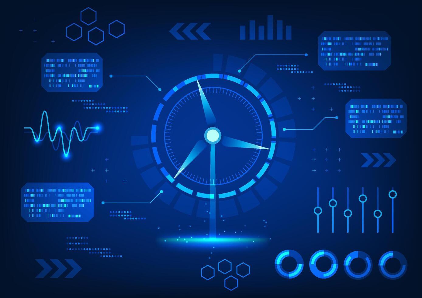 verlängerbar Energie Technologie Windmühle Das zeigt an das Status von elektrisch Energie Lager Daten. es ist das Umwandlung von Wind Energie zu verwenden und übertragen Elektrizität zum des Weiteren verwenden im das Stadt. vektor