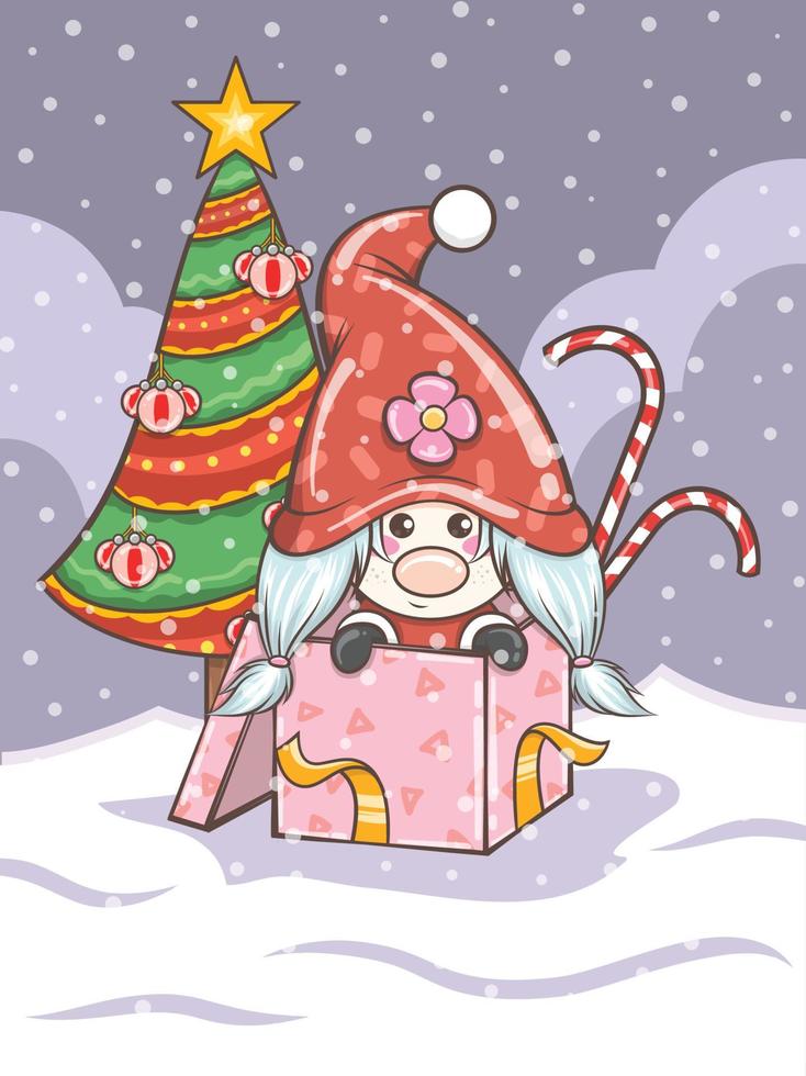 söt gnome flicka illustration med jul presentförpackning vektor