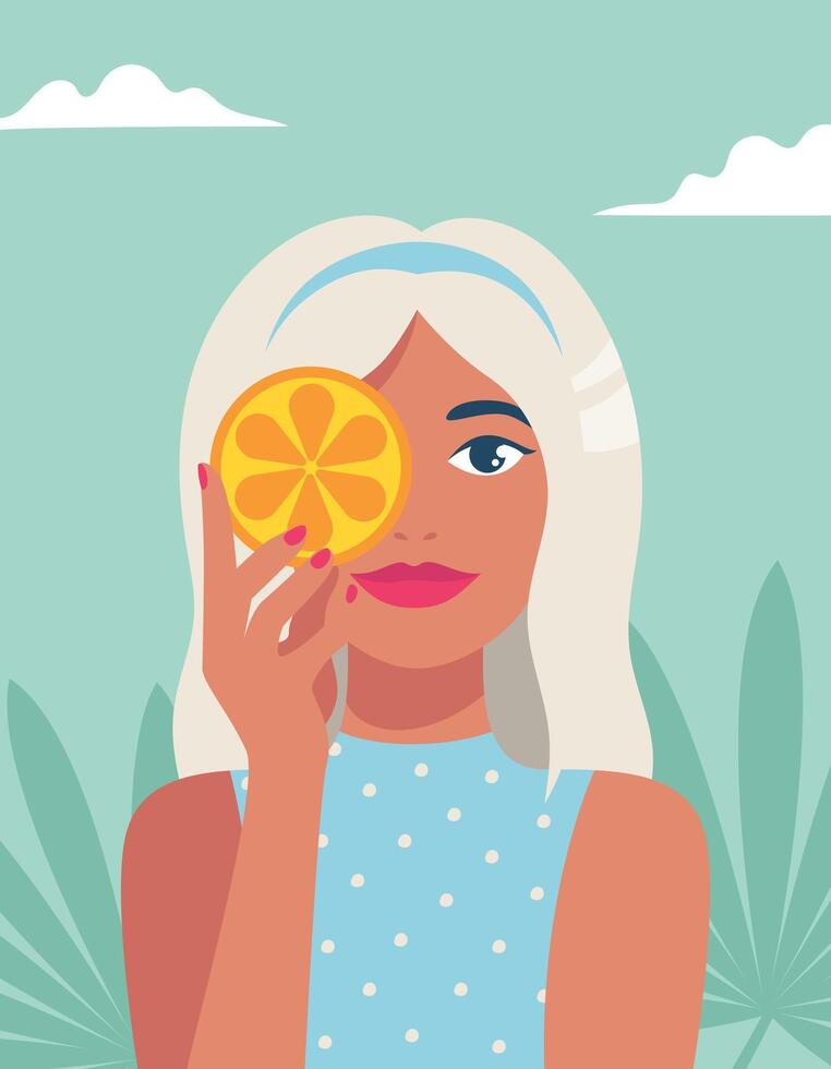 Sommer- Stimmung. Frau mit frisch Orange Scheibe, tropisch Blätter Hintergrund. Vektor Illustration im minimalistisch Stil zum Poster, Abdeckungen, Flyer, Banner