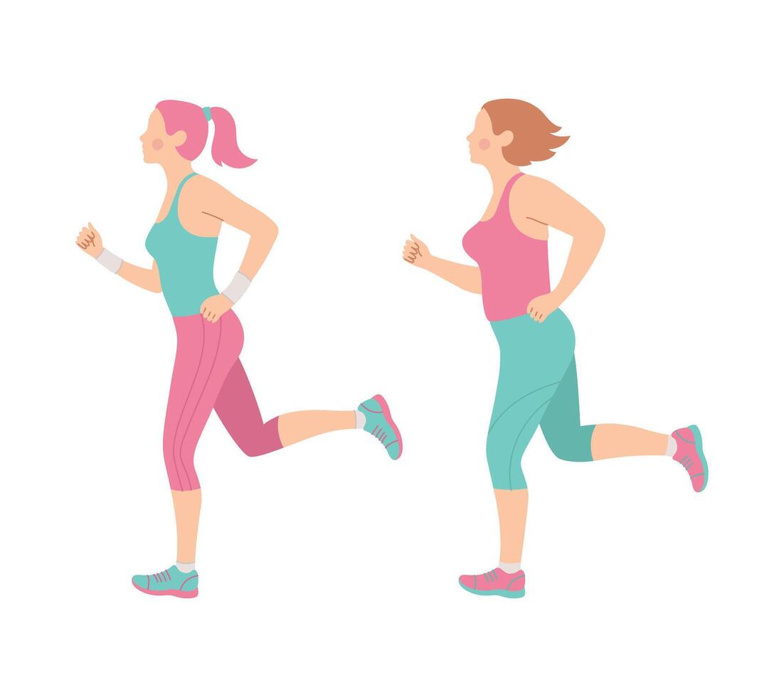 en skön smal flicka och kurvig, full kvinna i sportkläder är engagerad i kondition, sporter. morgon- löpning. joggning. vektor illustration isolerat på vit bakgrund