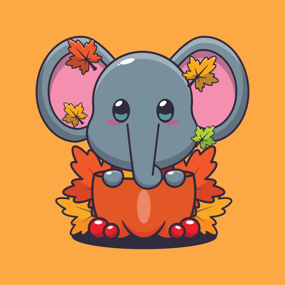 söt elefant i en pumpa på höst säsong tecknad serie vektor illustration
