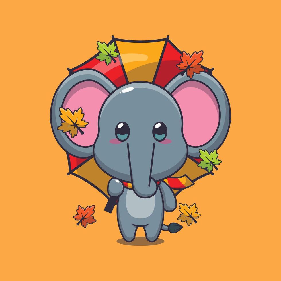 süß Elefant mit Regenschirm beim Herbst Jahreszeit Karikatur Vektor Illustration