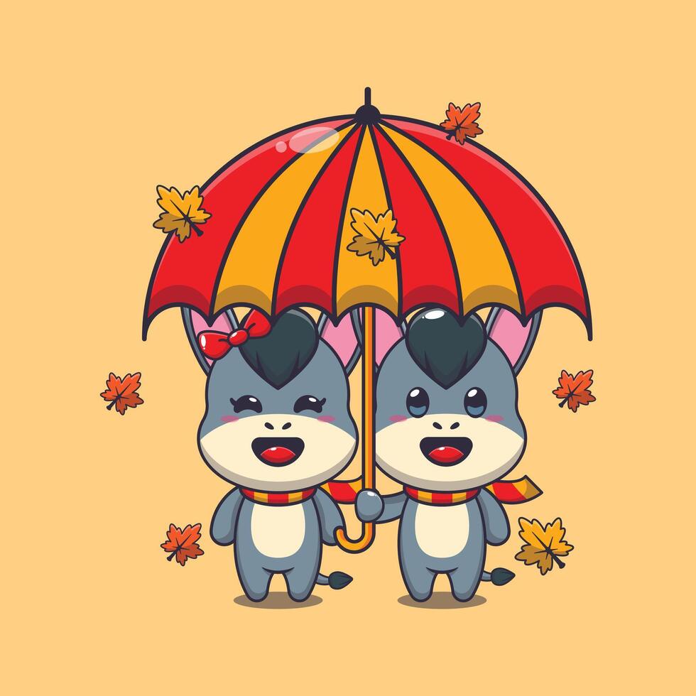 süß Paar Esel mit Regenschirm beim Herbst Jahreszeit. Maskottchen Karikatur Vektor Illustration geeignet zum Poster, Broschüre, Netz, Maskottchen, Aufkleber, Logo und Symbol.