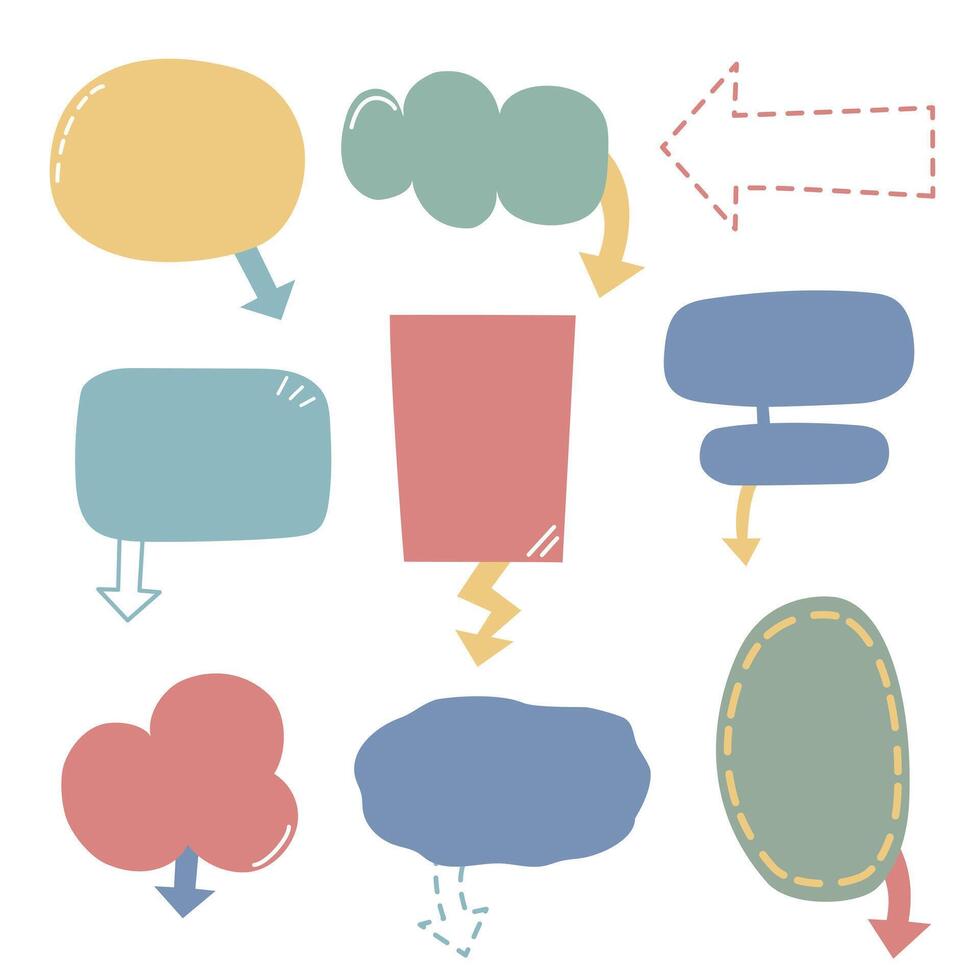 samling uppsättning av färgrik Tal bubbla ballong med pil punkt, tror tala prata text låda baner, platt design vektor illustration