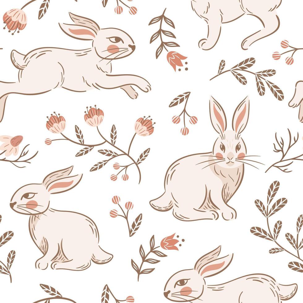 påsk löpning och Sammanträde kaniner, sömlös mönster. årgång blomning körsbär, mjölon. stiliserade retro illustration. boho, rustik stil. tapet, tyg, omslag, bakgrund. slavic folk blommor vektor