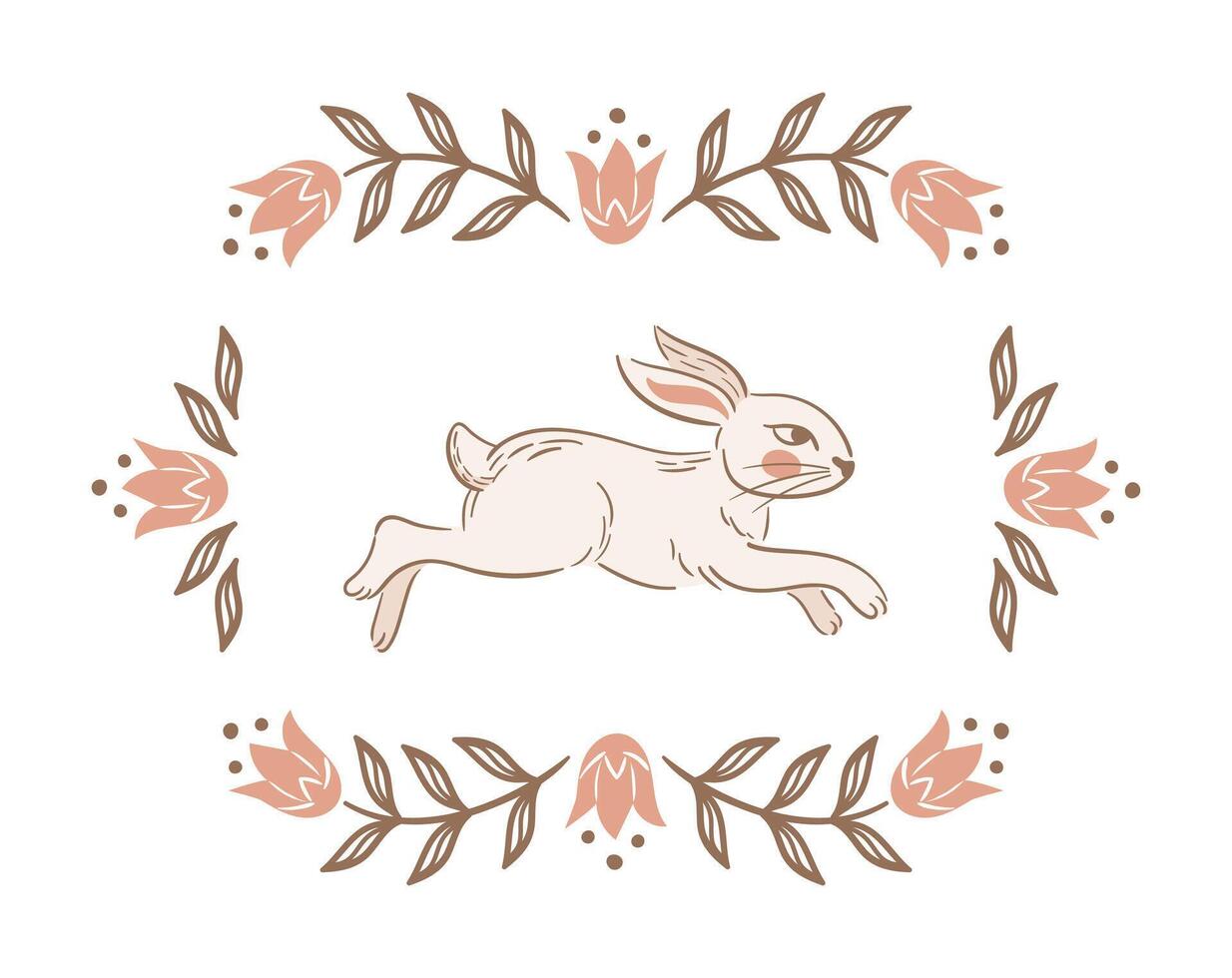 Laufen Ostern Hase. Jahrgang Blühen Tulpen, rechteckig rahmen. stilisiert retro Illustration. Boho, rustikal Stil. zum Poster, Postkarten, Banner, Design Elemente. slawisch Volk Blumen. vektor