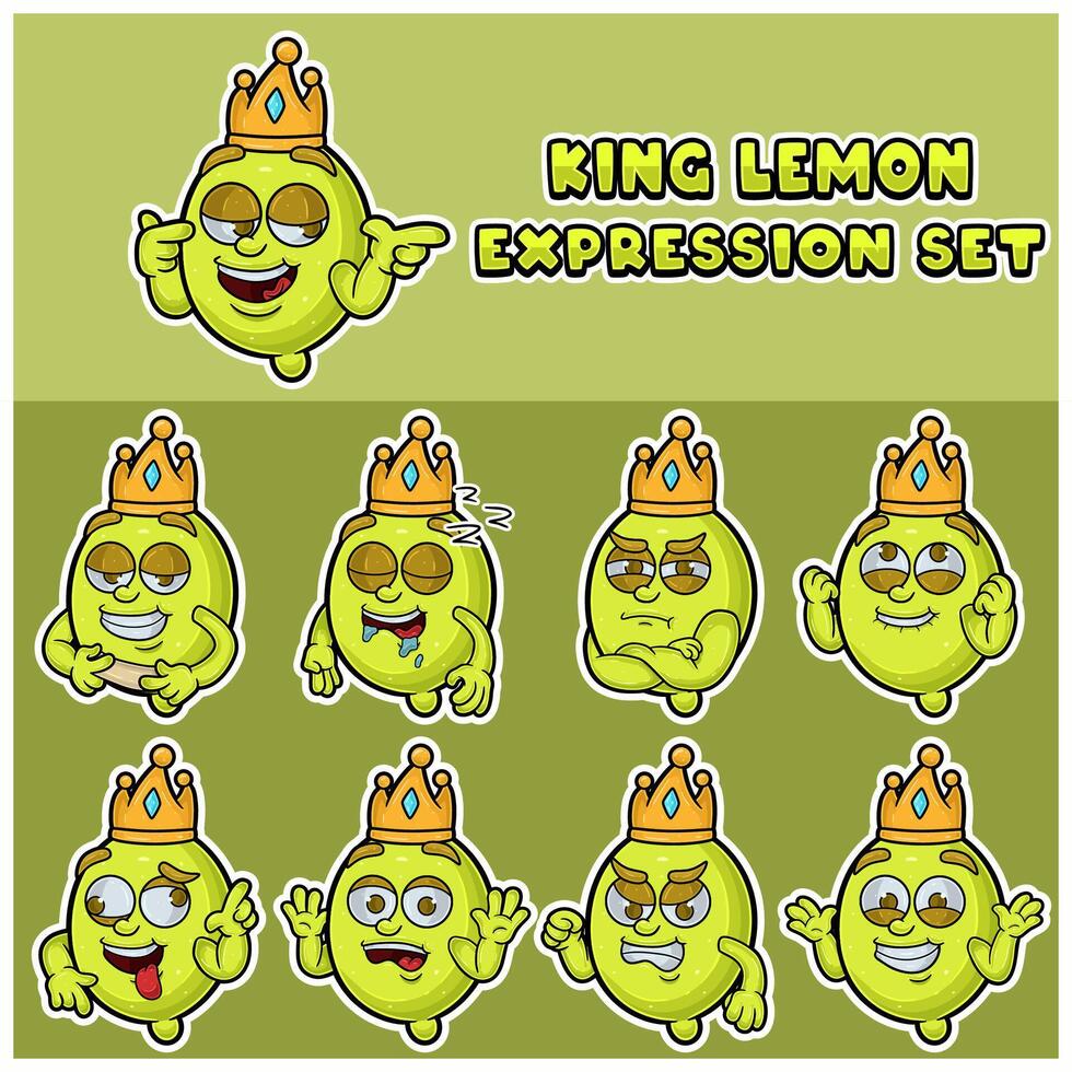 Zitrone Obst Maskottchen Charakter Karikatur mit Krone und Gesicht Ausdruck Satz. vektor
