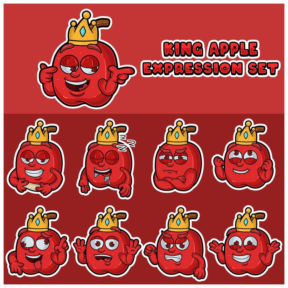 äpple frukt maskot karaktär tecknad serie med krona och ansikte uttryck uppsättning. vektor