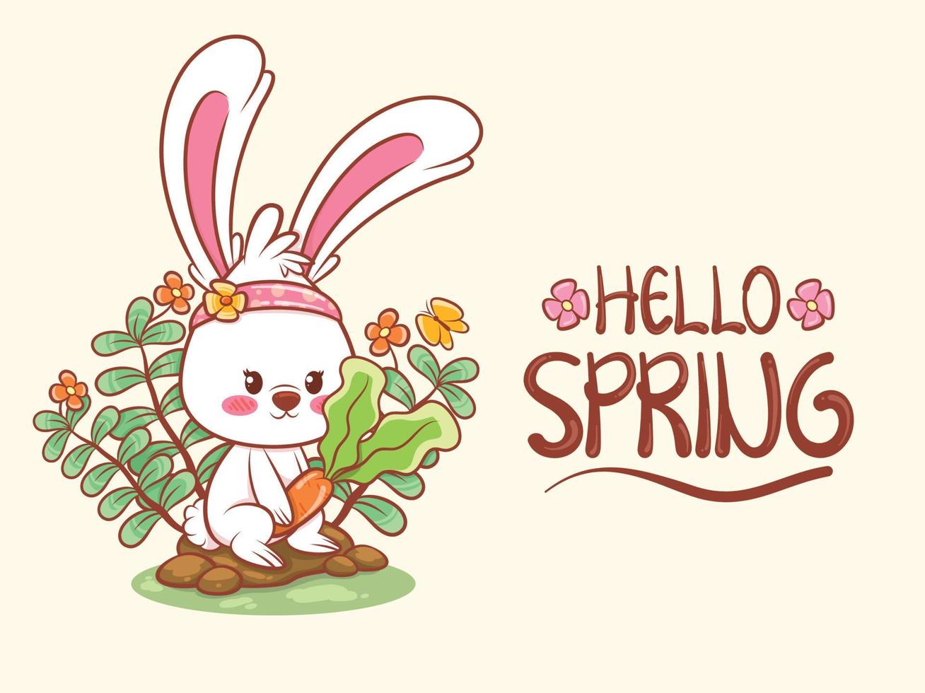 söt kanin med en blomma våren. seriefigur illustration hej våren hälsning vektor